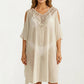 Crochet V Neck Swim Cover Up Dress with Cold Shoulder Sleeves and Relaxed Fit