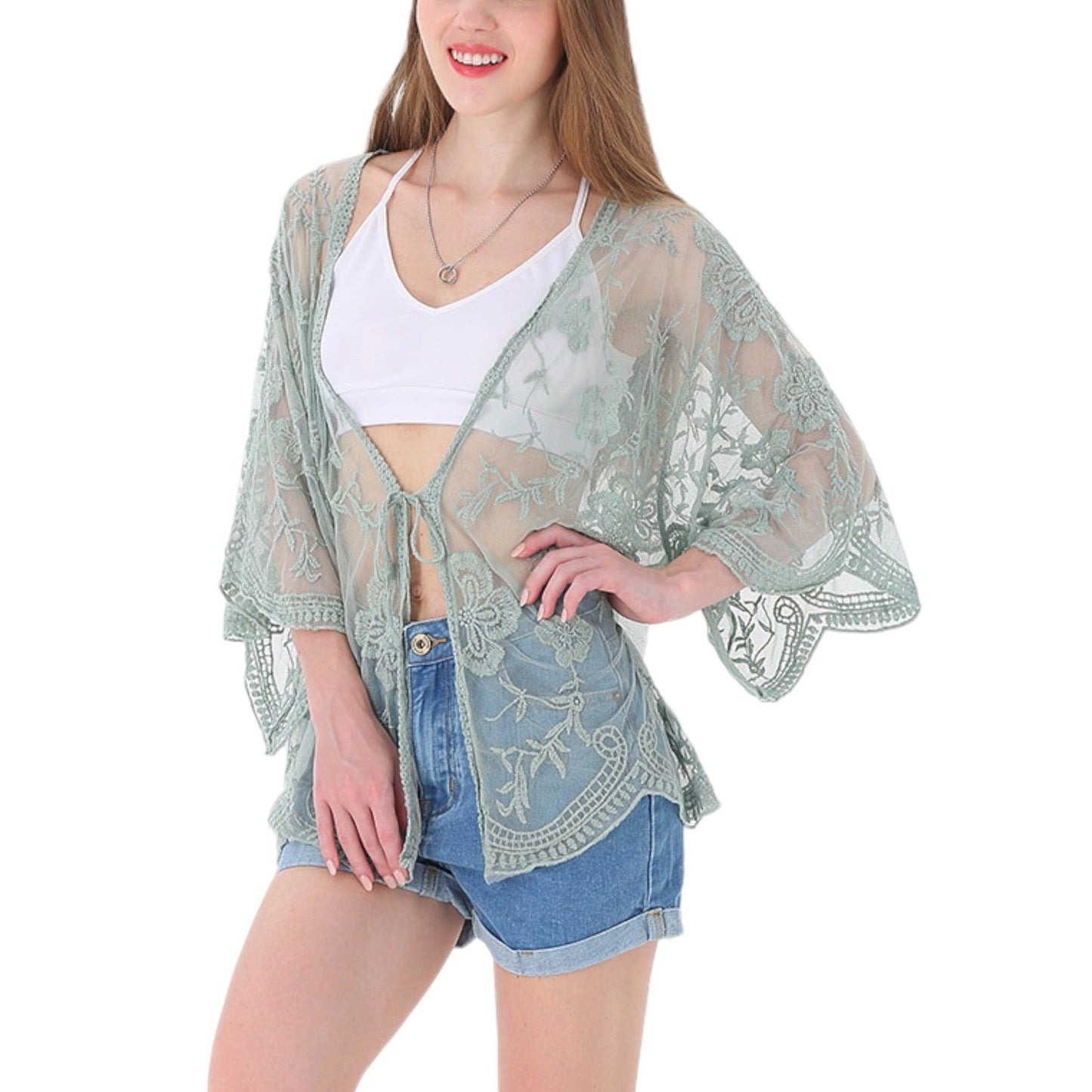 Short Embroidered Lace Duster Crop Cardigan Half Sleeves