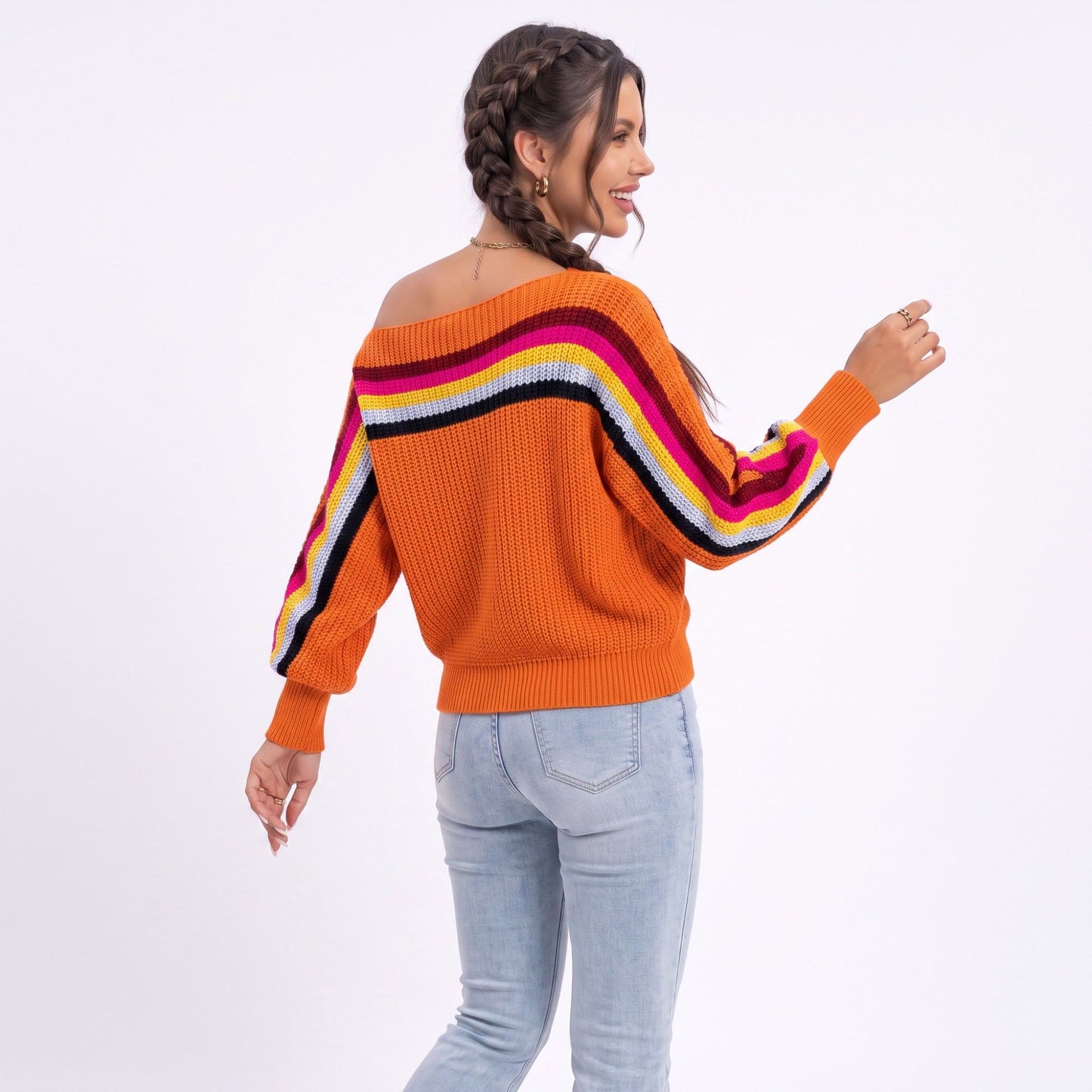Rainbow Stripe One Shoulder Balloon Sleeve Knit Sweater