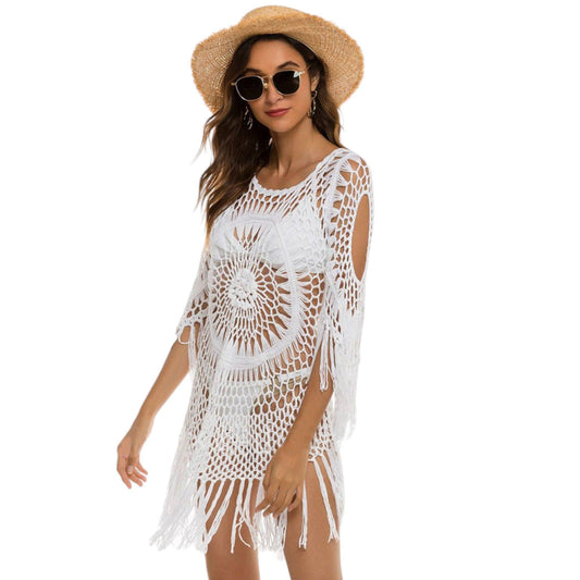 Crochet Cover Up with 3/4 Sleeve Tassel Dress