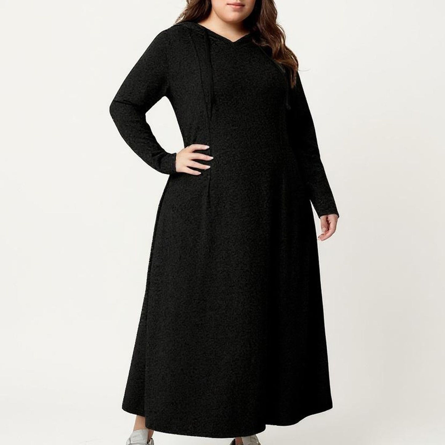 Plus Size Long Sleeve Hooded Maxi Dress with Relaxed Fit Silhouette and Soft Flowy Hem