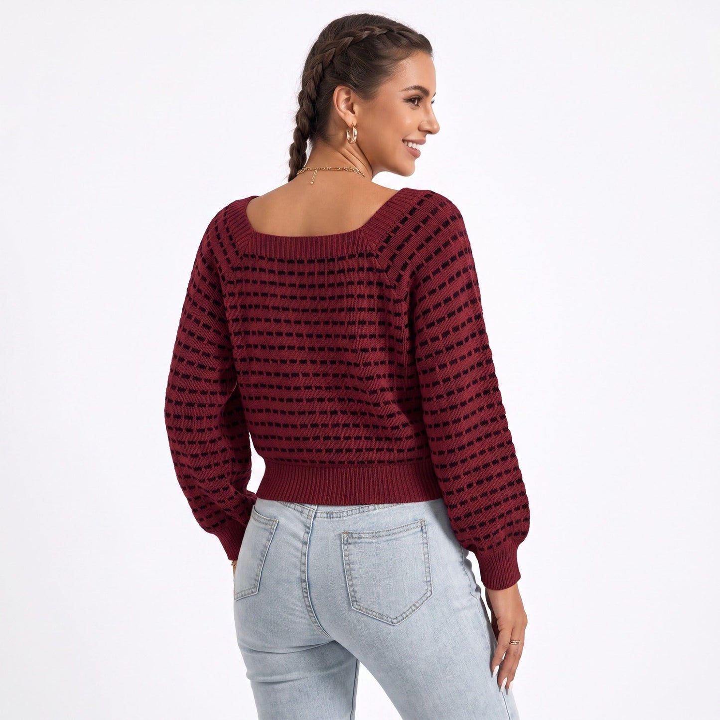 Square Neck Textured Stripe Balloon Sleeve Knit Sweater