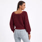 Square Neck Textured Stripe Balloon Sleeve Knit Sweater