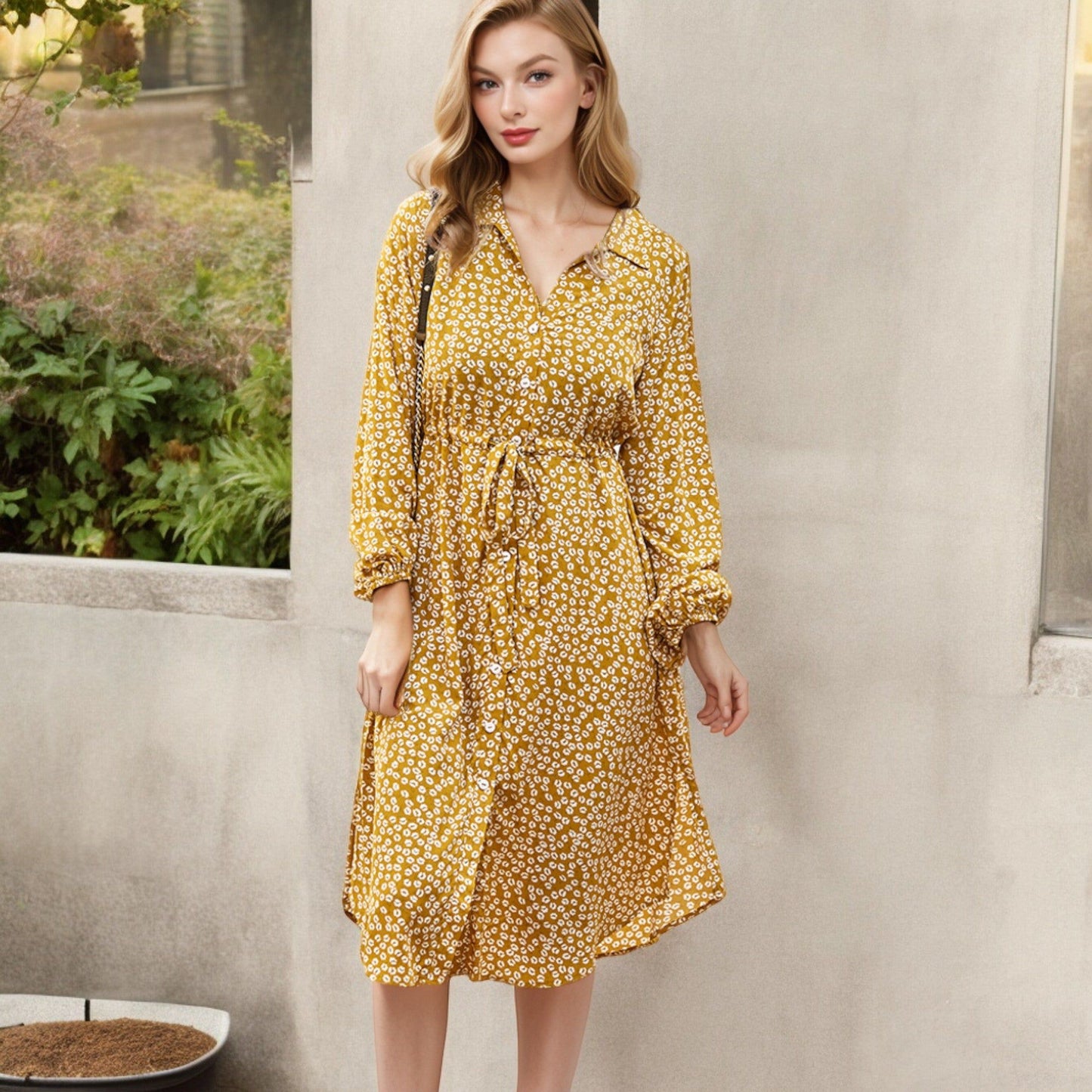 Button Down Collar Neck Bishop Sleeve Floral Midi Dress