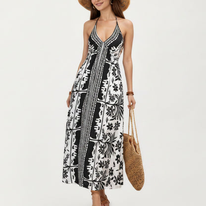 Halter Neck Maxi Dress with Open Back Tie Design Flowy Printed Long Dress