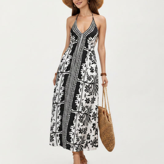 Halter Neck Maxi Dress with Open Back Tie Design Flowy Printed Long Dress
