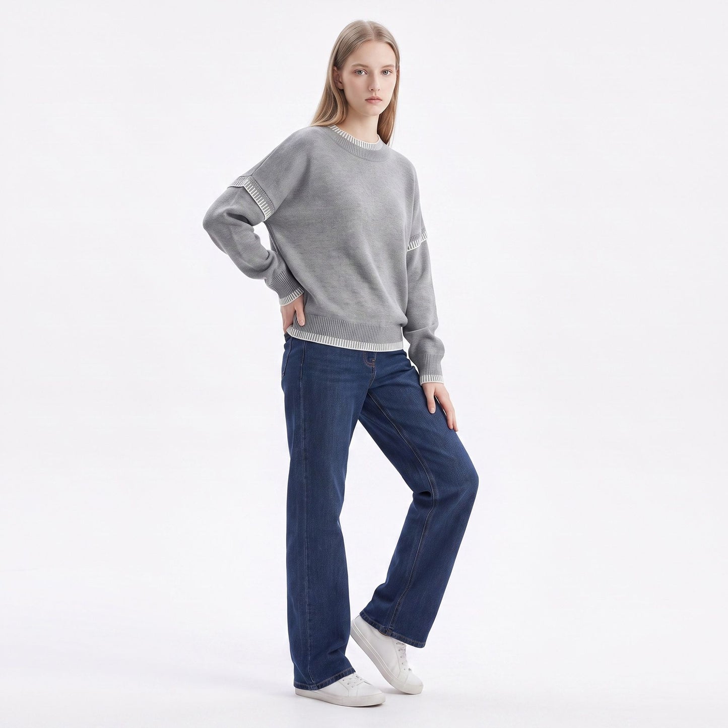 Contrast Stitch Crewneck Long Sleeve Knit Sweater