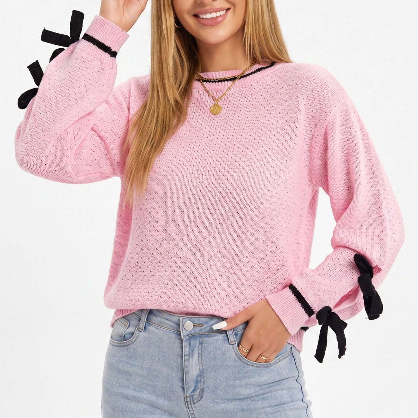 Pointelle Knit Bow Sleeve Crew Neck Long Sleeve Sweater