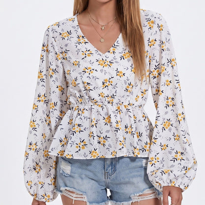 Floral Print Peplum Blouse V Neck Long Sleeve Casual Top