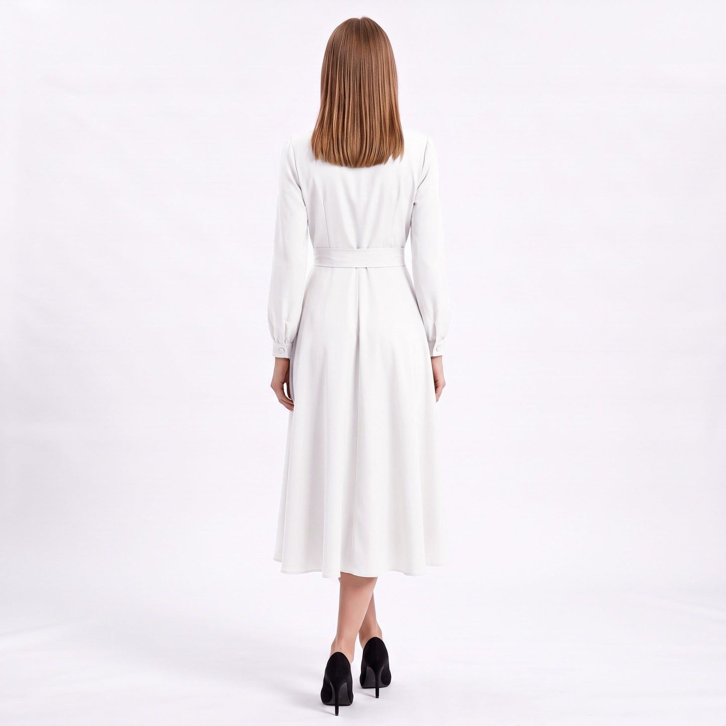 Long Sleeve Notched Collar Midi Dress with Defined Waist and Flared Skirt