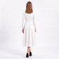 Long Sleeve Notched Collar Midi Dress with Defined Waist and Flared Skirt