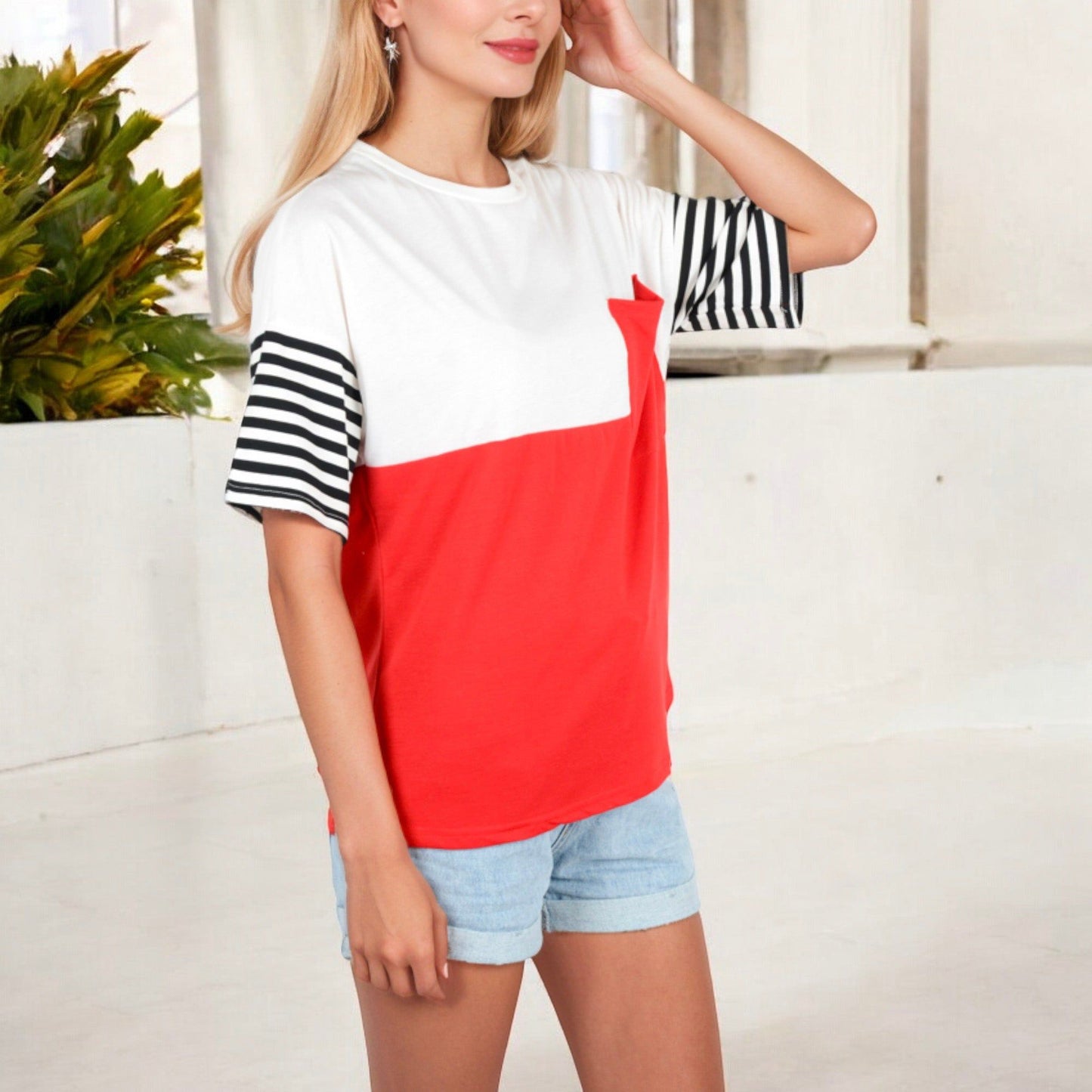 Color Block T-Shirt with Striped Sleeves Front Pocket Detail