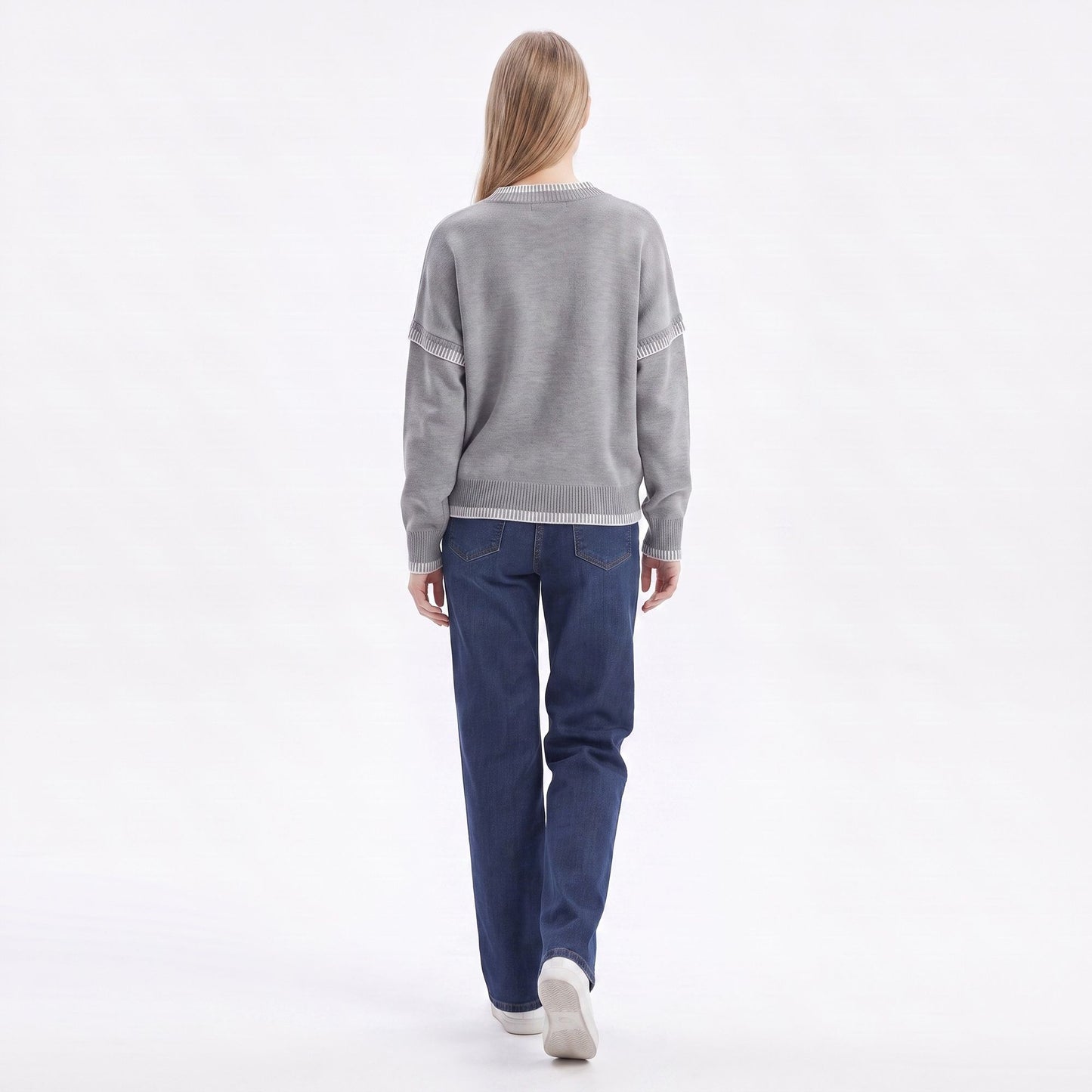 Contrast Stitch Crewneck Long Sleeve Knit Sweater