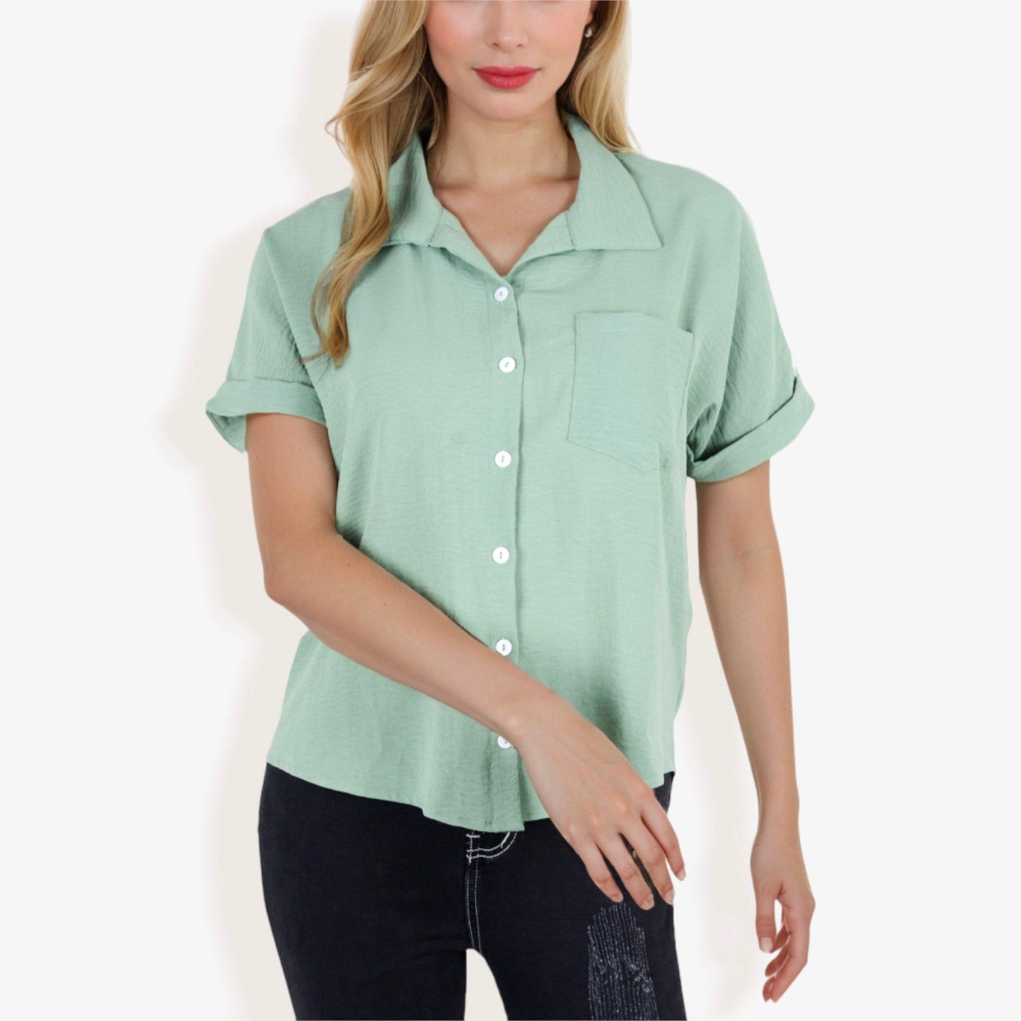 Short Sleeve Button Down Shirt Front Pocket Notched Collar