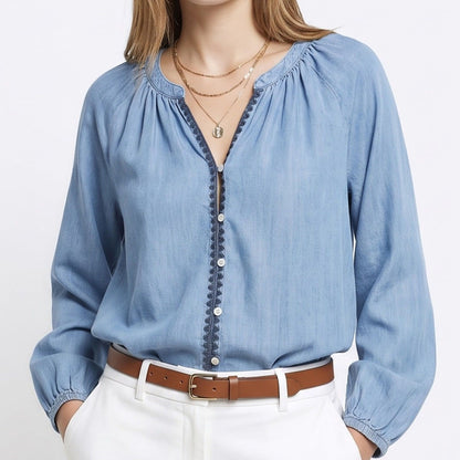Chambray Blouse Split Neck Button Front Long Sleeve Relaxed Fit Top