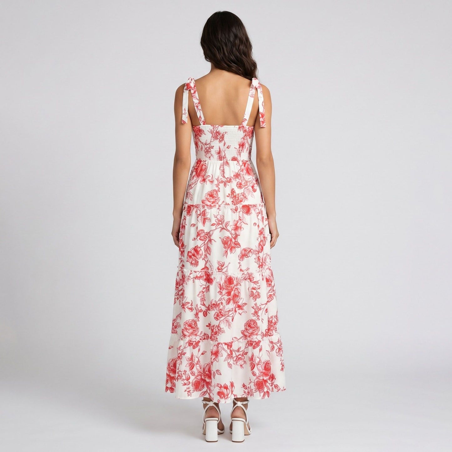Floral Print Tie Shoulder Smocked Bodice Tiered Maxi Dress with Square Neckline and Flowy A Line Silhouette