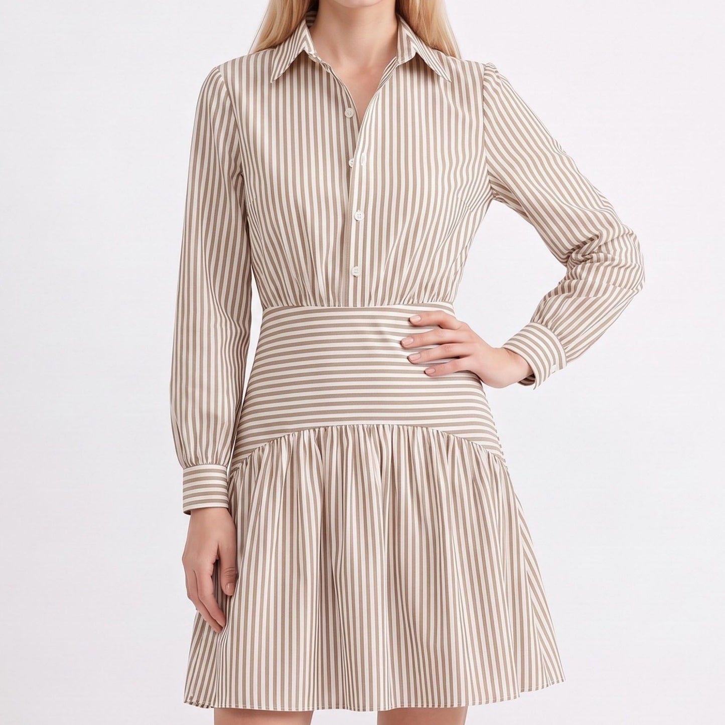 Striped Long Sleeve Collared Shirt Dress with Drop Waist