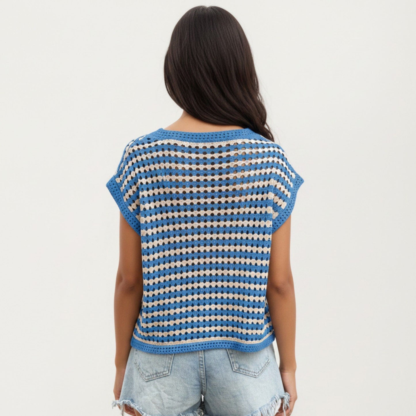 Short Sleeve Striped Crochet Knit Top with Open Stitch Texture and Relaxed Fit