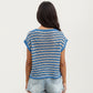 Short Sleeve Striped Crochet Knit Top with Open Stitch Texture and Relaxed Fit