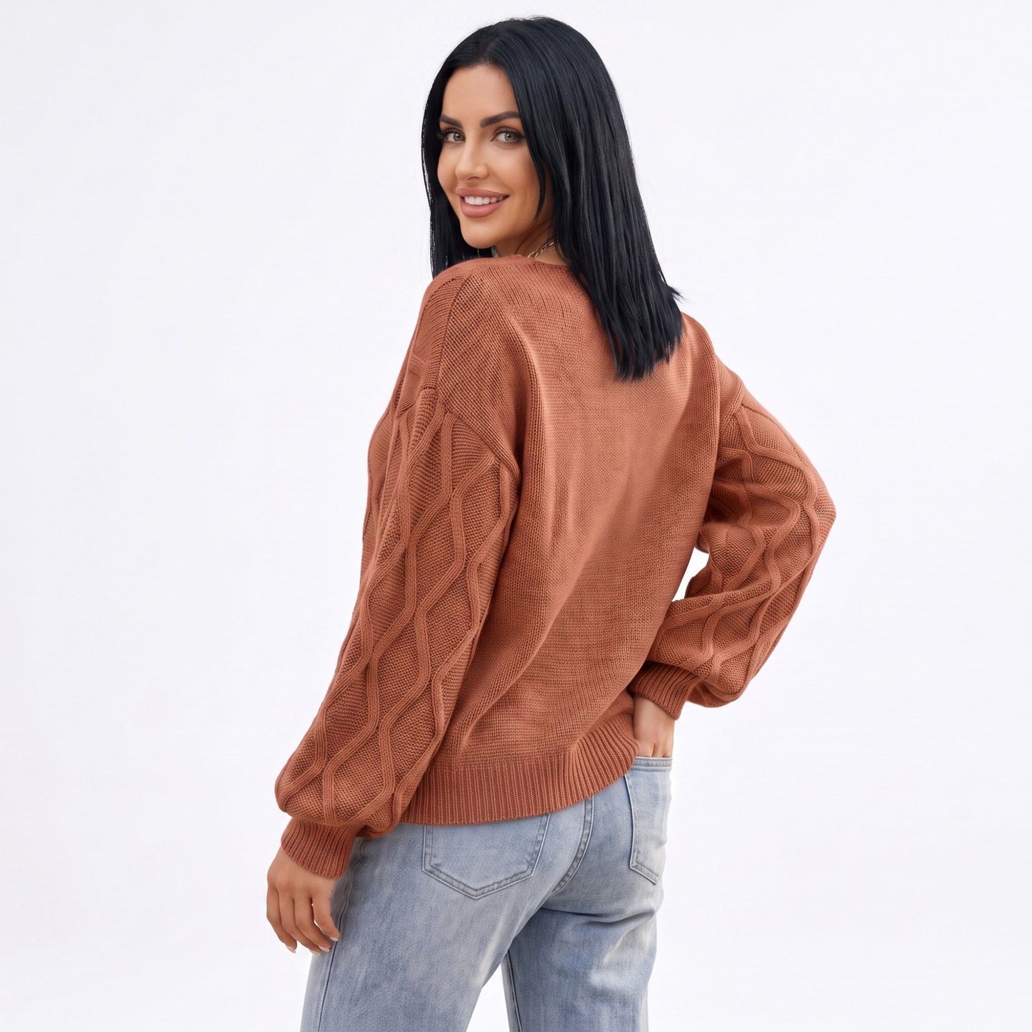 Cable Knit V-Neck Balloon Sleeve Sweater