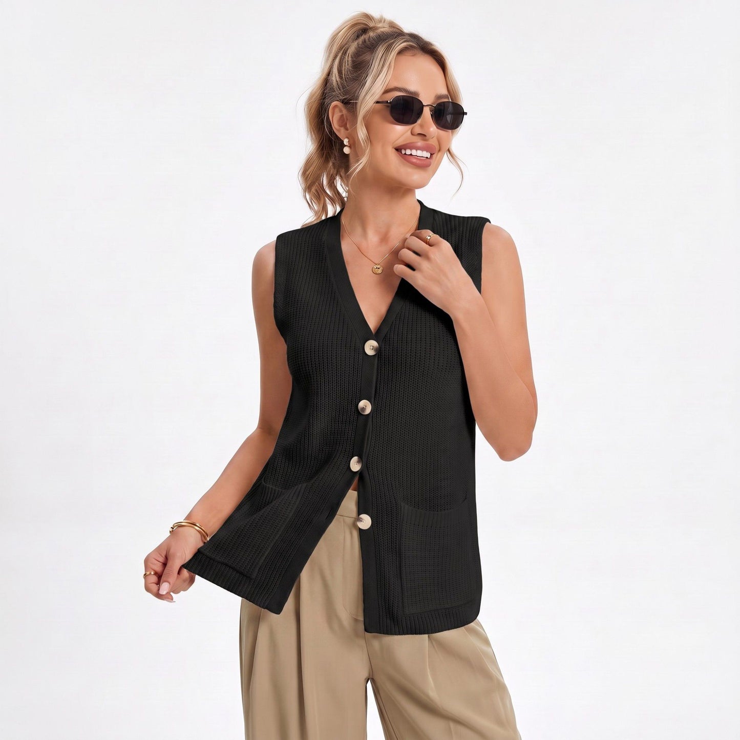 Button Front Sweater Vest V Neck Sleeveless Knit Pocket Top