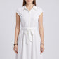 Collared Button Front Cap Sleeve Midi Shirt Dress with Pintuck Bodice Tie Waist and Flowy A Line Skirt