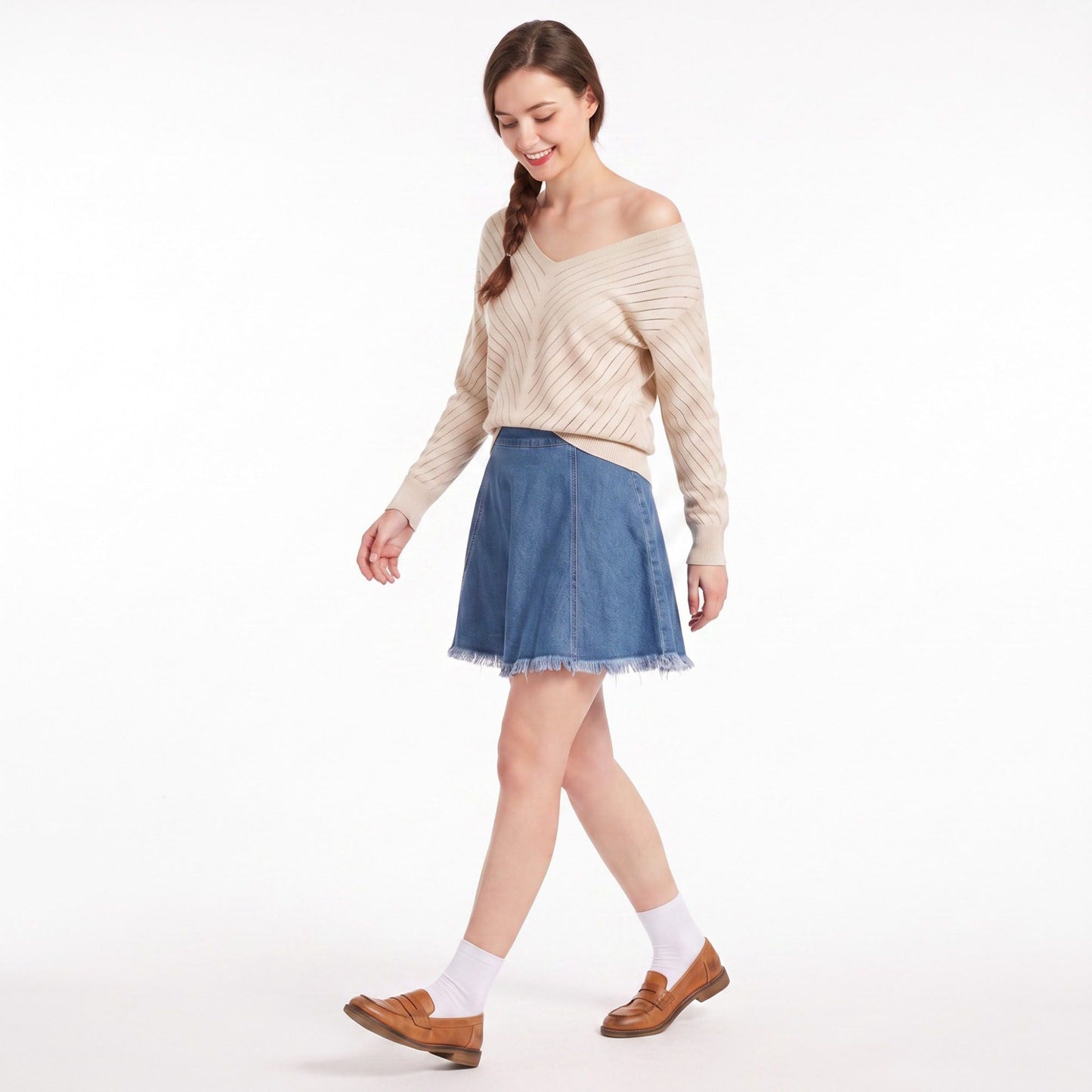 V-Neck Chevron Pointelle Knit Long Sleeve Sweater