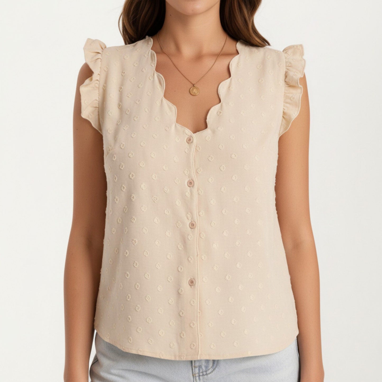Sleeveless Swiss Dot Button Front Top with Ruffle Shoulders and Scalloped Neckline
