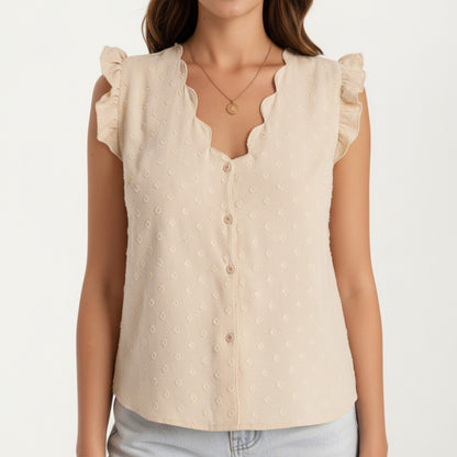 Sleeveless Swiss Dot Button Front Top with Ruffle Shoulders and Scalloped Neckline