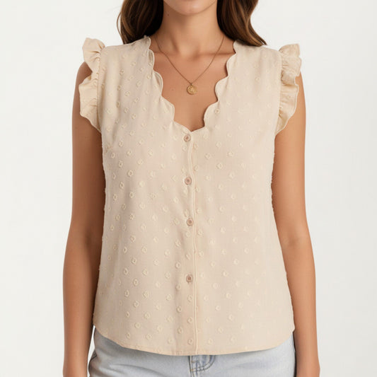 Sleeveless Swiss Dot Button Front Top with Ruffle Shoulders and Scalloped Neckline