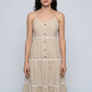 Striped Spaghetti Strap Button Front Midi Dress with Rickrack Trim Tiered Skirt and Flowy A Line Silhouette