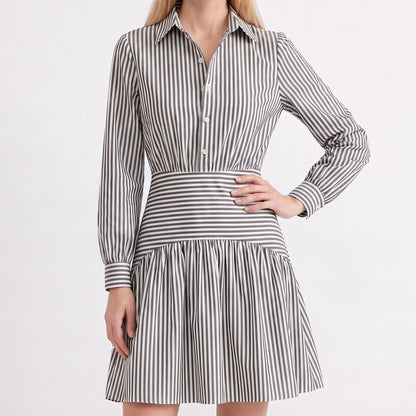 Striped Long Sleeve Collared Shirt Dress with Drop Waist