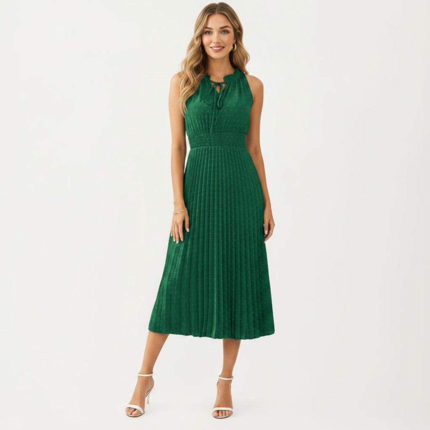 Sleeveless Midi Dress with Pleated Skirt and Tie Neck Detail