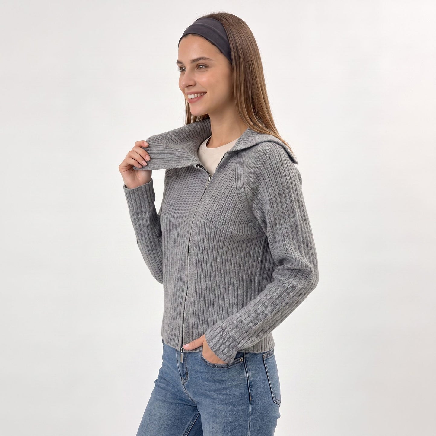 Ribbed Wide Collar Zip-Front Cardigan Sweater