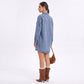 Washed Denim Shirt Jacket Long Sleeve Snap Front Oversized Shacket with Pockets