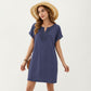 Short Sleeve Shift Dress with Split V Neck Embroidered Detail Relaxed Fit Casual Tunic Dress