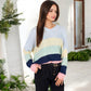 Long Sleeve Distressed Knit V-Neck Sweater with Stripes