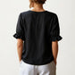 Ruffle Neck Blouse with Short Puff Sleeves and Textured Linen-Like Fabric
