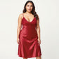 Plus Size Satin Chemise Nightgown with Lace Trim Neckline Adjustable Straps Side Slit Slip Dress