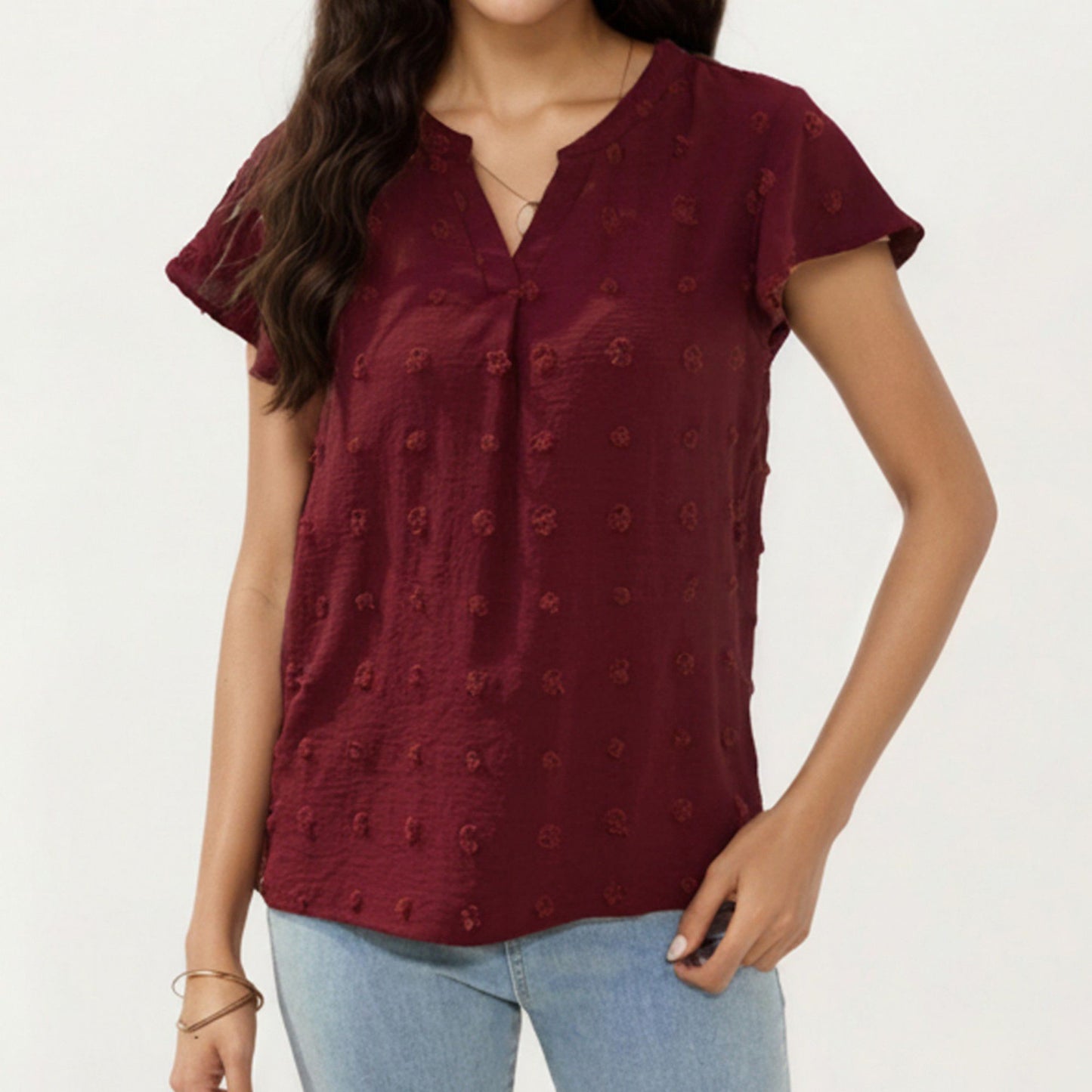 Short Sleeve Swiss Dot Top with Split Neckline and Soft Textured Fabric