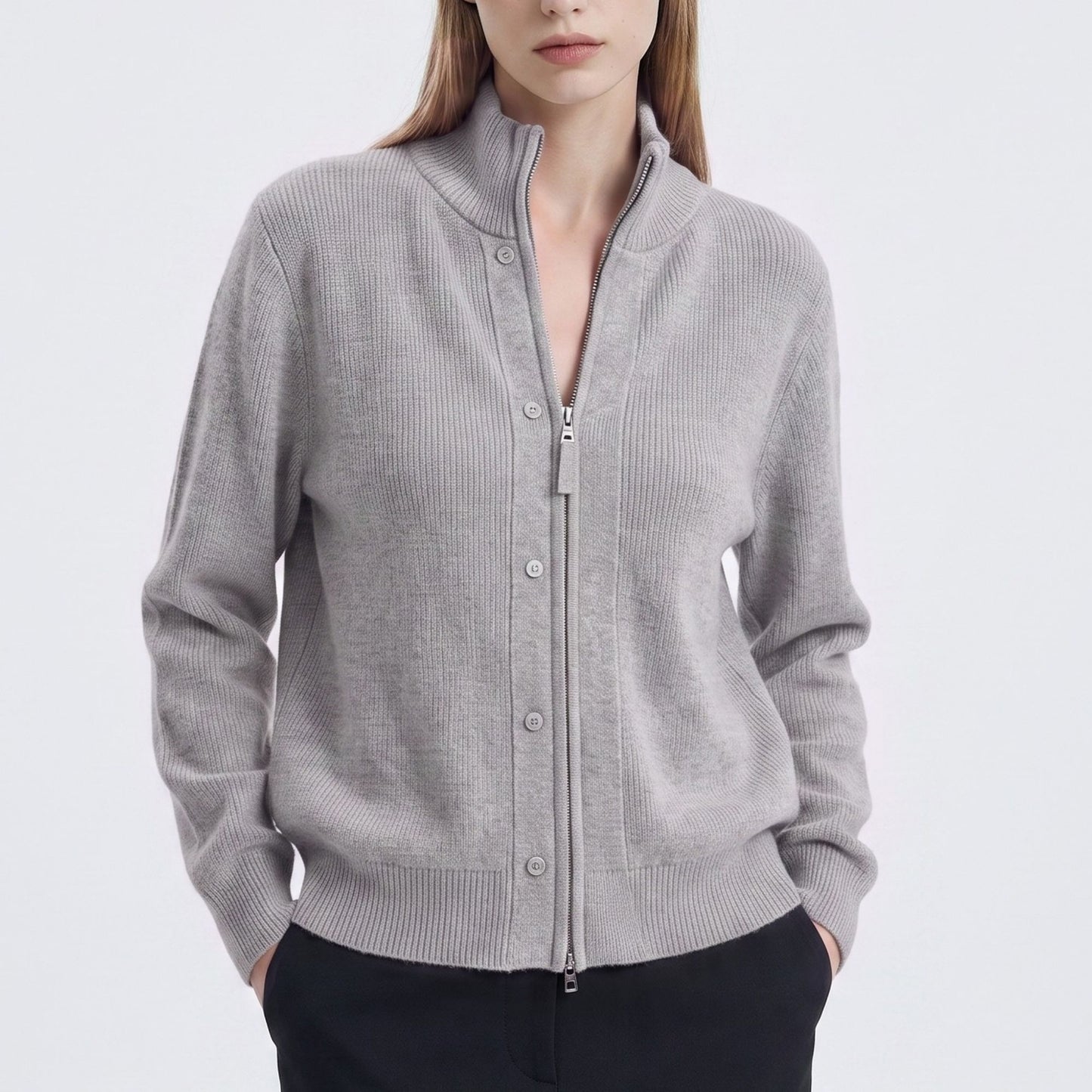 Mock Neck Zip-Front Knit Cardigan Sweater