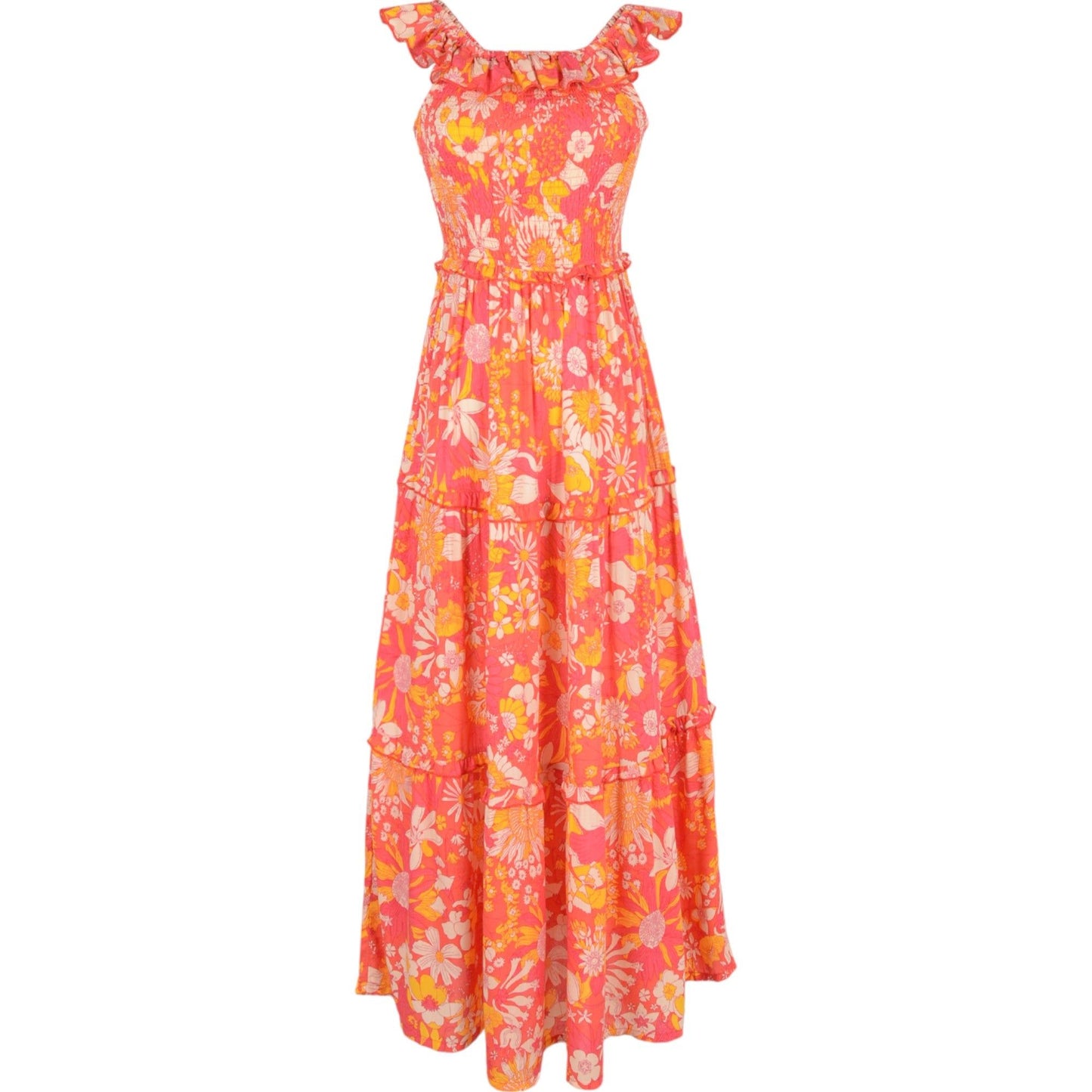 Smocked Chest Floral Print Maxi Dress with Ruffle Hem