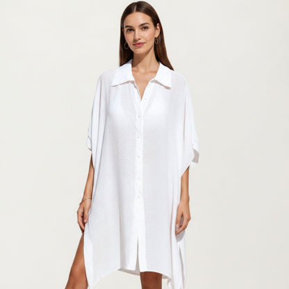 Button Front Swim Cover Up Shirt Dress Loose Lightweight Beach Kaftan