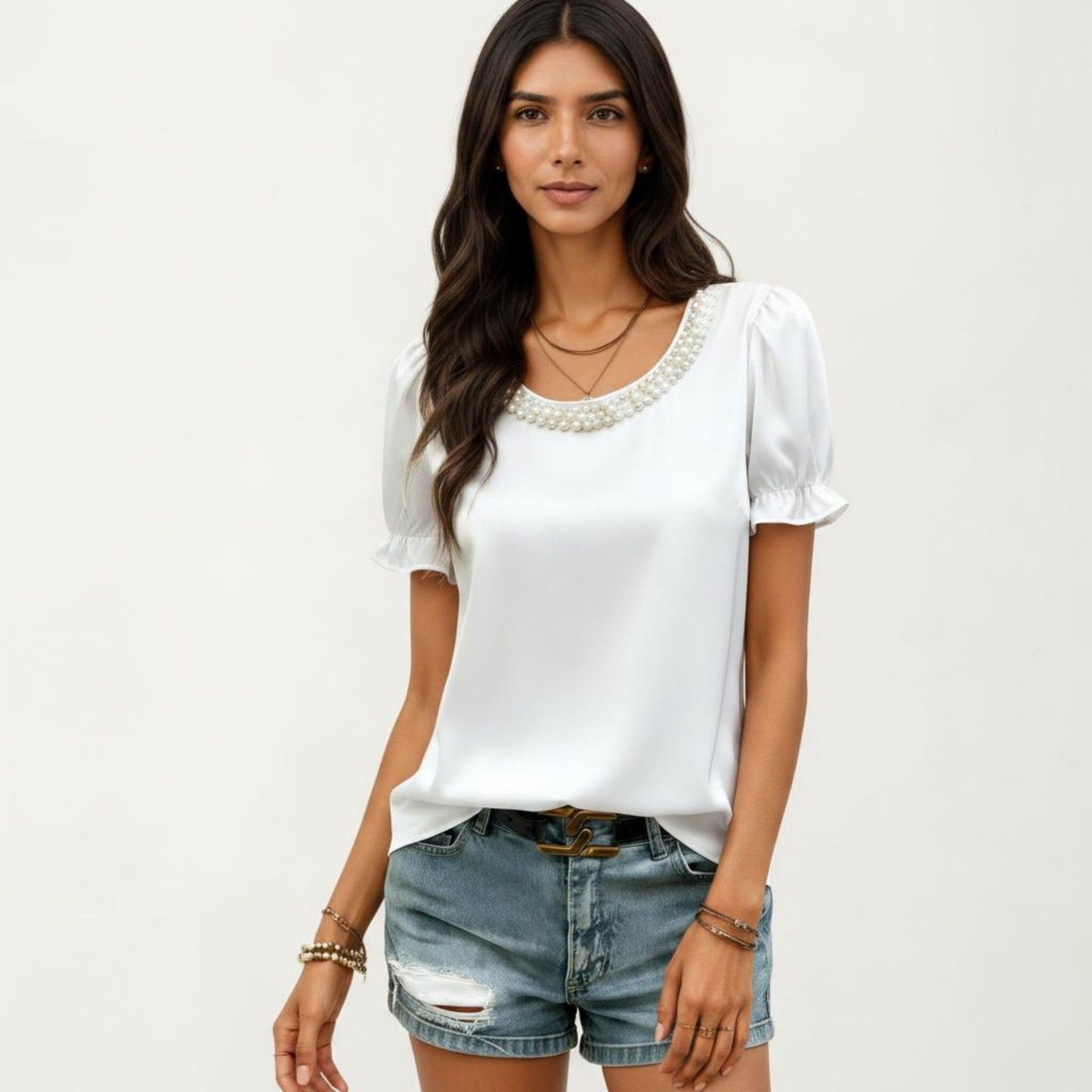 Satin Faux Pearl Neck Top with Puff Sleeves and Smooth Draped Finish