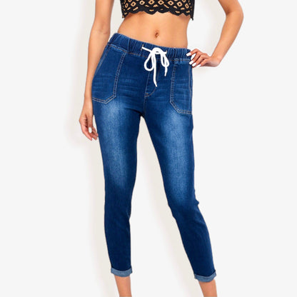 Drawstring Waist Skinny Denim Jeans With Pockets Cuffed Hem