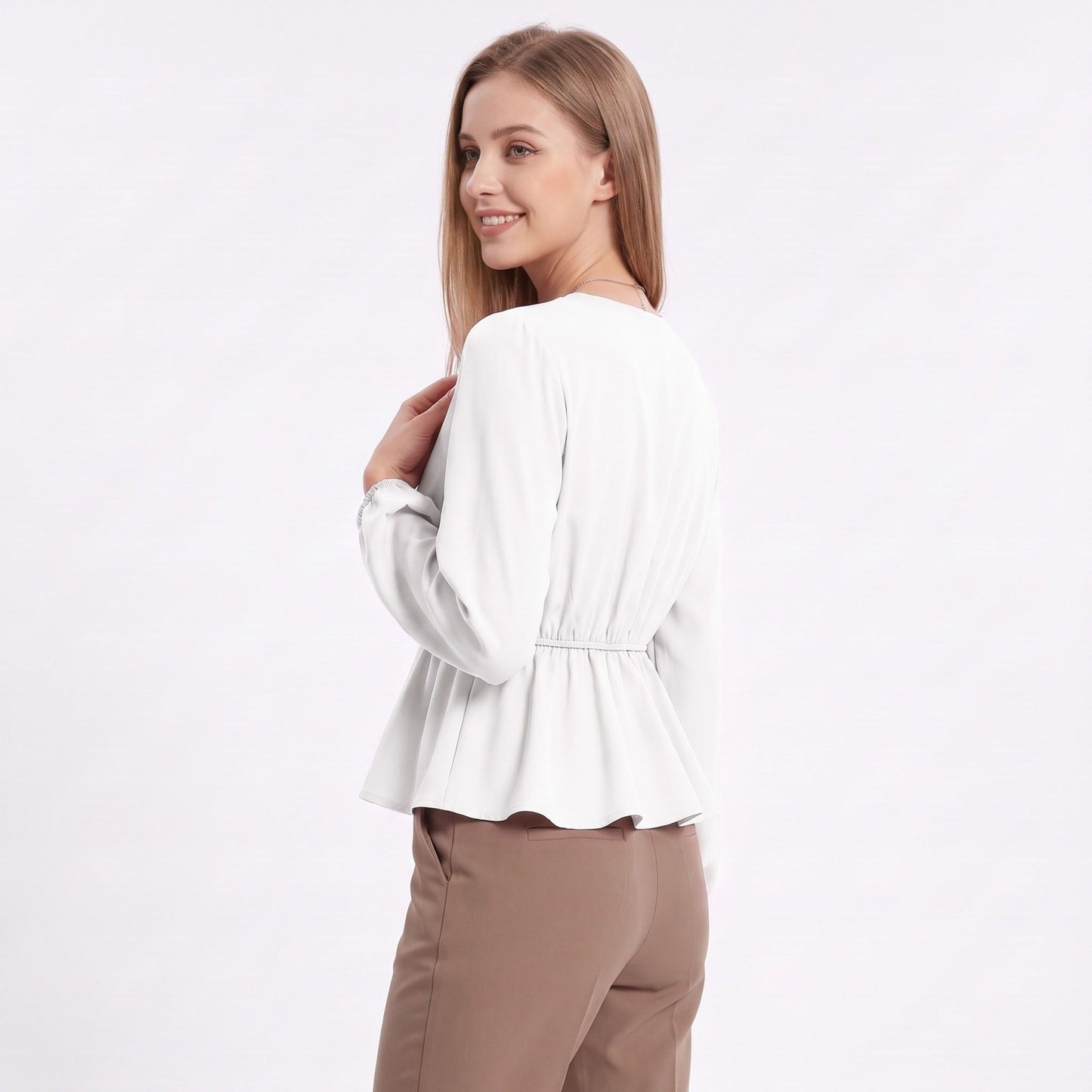 V Neck Long Sleeve Peplum Blouse Elastic Waist Casual Dressy Top