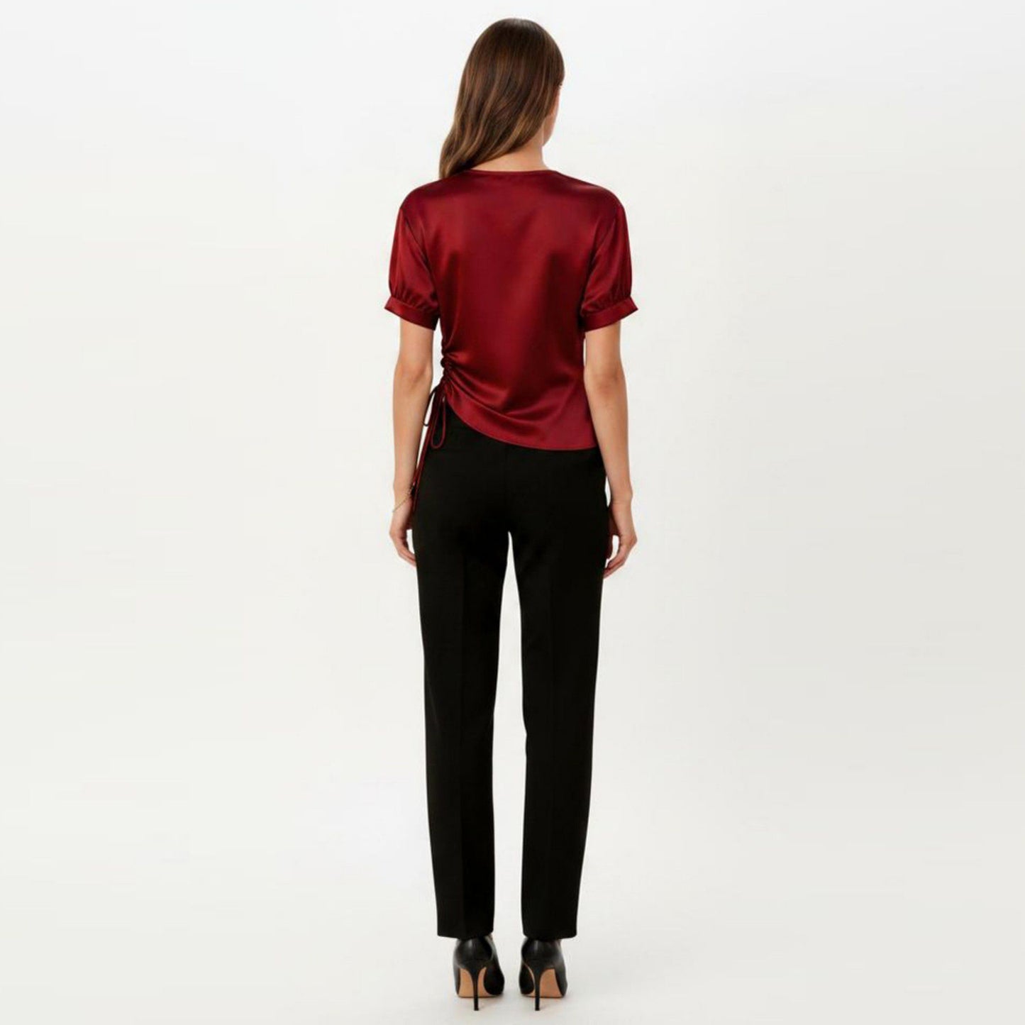 Satin V Neck Blouse with Puff Sleeves and Side Ruched Drawstring