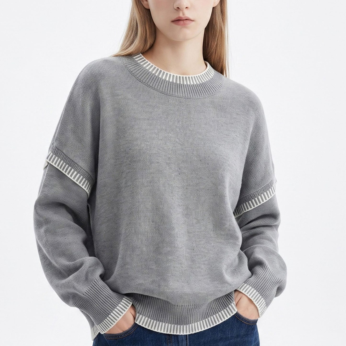 Contrast Stitch Crewneck Long Sleeve Knit Sweater