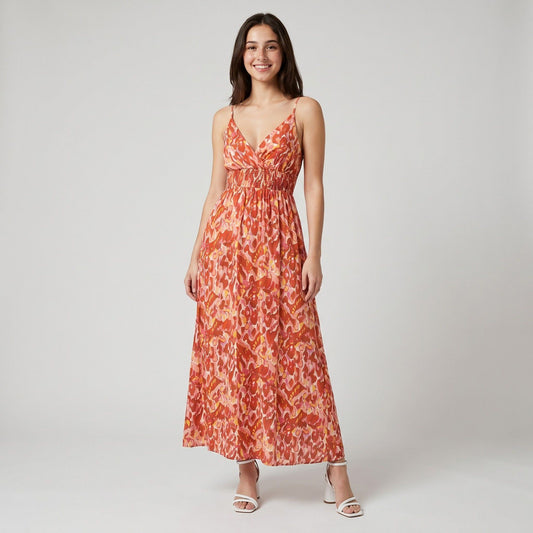 Abstract Floral Print Smocked Waist Spaghetti Strap V-Neck Maxi Dress with Surplice Bodice and Flowy Skirt