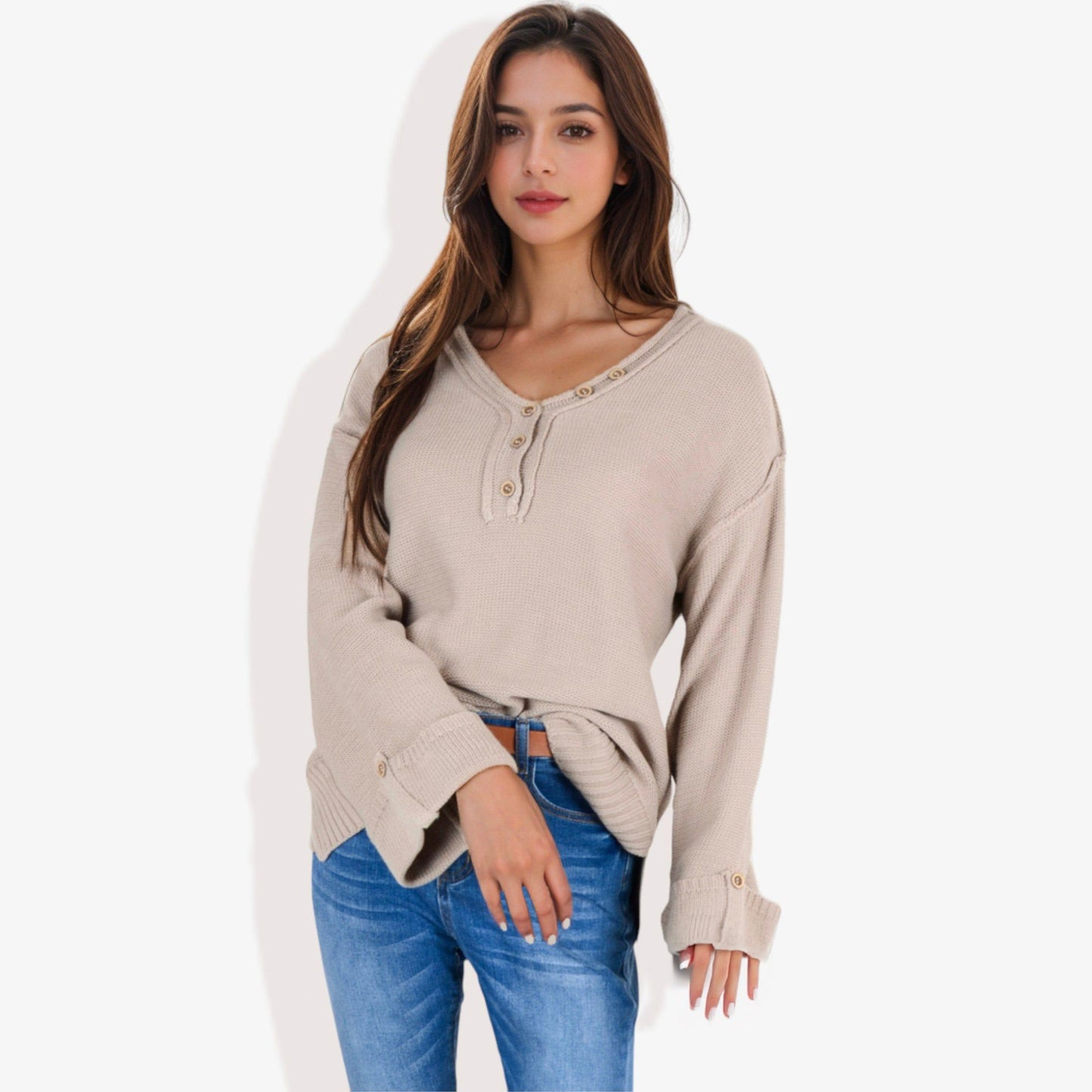 Long Sleeve V-Neck Henley Knit Sweater with Button Details
